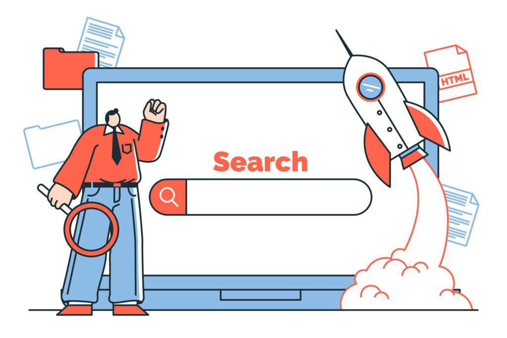 A graphic of a man on a search engine about to be search for a product or service