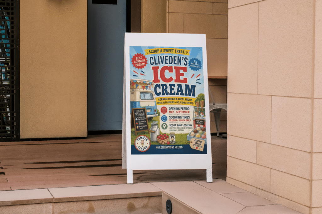 Current Social Media Trends: Four Shifts Businesses Can't Ignore in 2026 3 An AI generated poster for an Ice Cream shop is displayed on a advertisement board