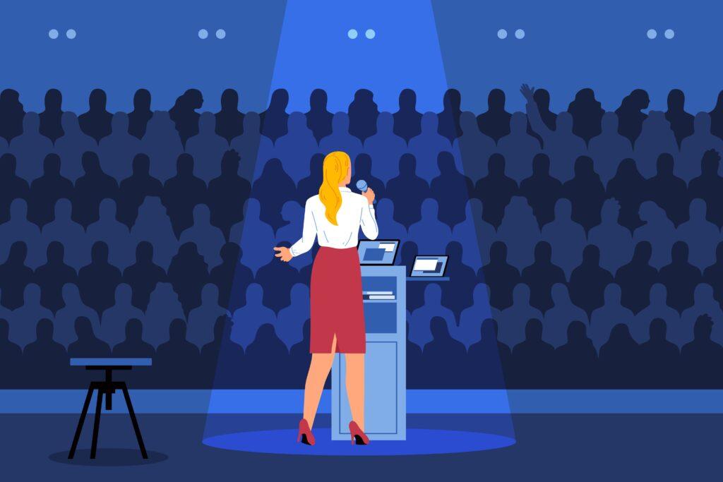 A drawing of a woman stoof under a spotlight speaking out to a crowd of people