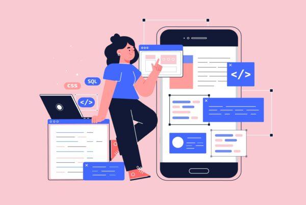 What is user experience? A graphic of a girl looking through a phone and a website.