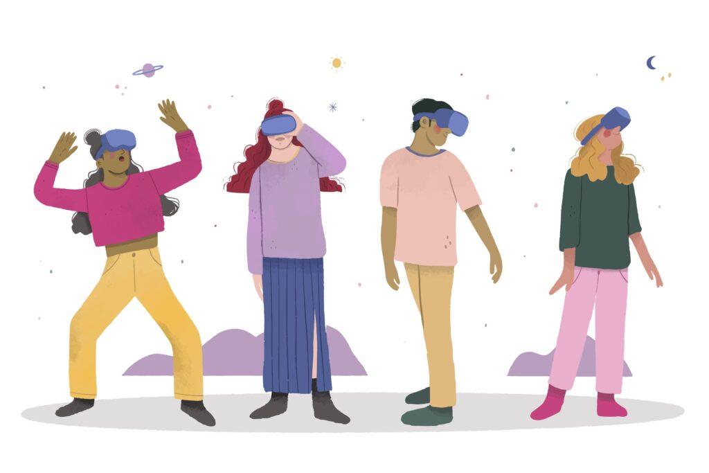 Four people with VR headsets looking around an immersive world of storytelling