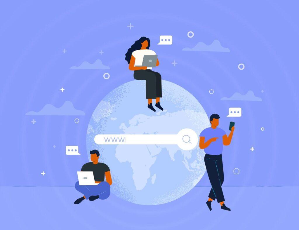 Top Website Development Trends to Watch in 2025 5 Illustration of three people sat around the world, online using websites and searching the internet