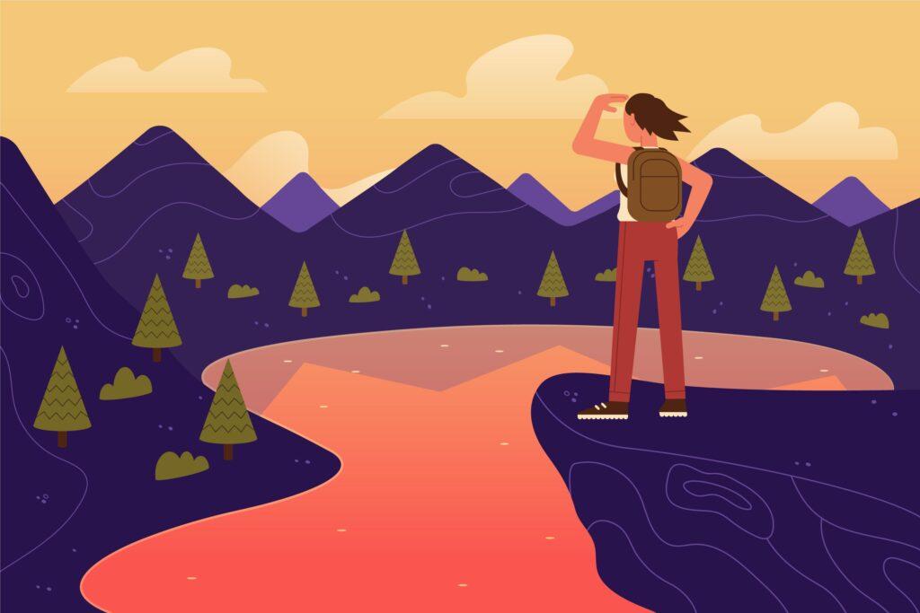 Storytelling in content creation demonstrated by a drawn character looking out at the journey they’re about to take through mountains and trees