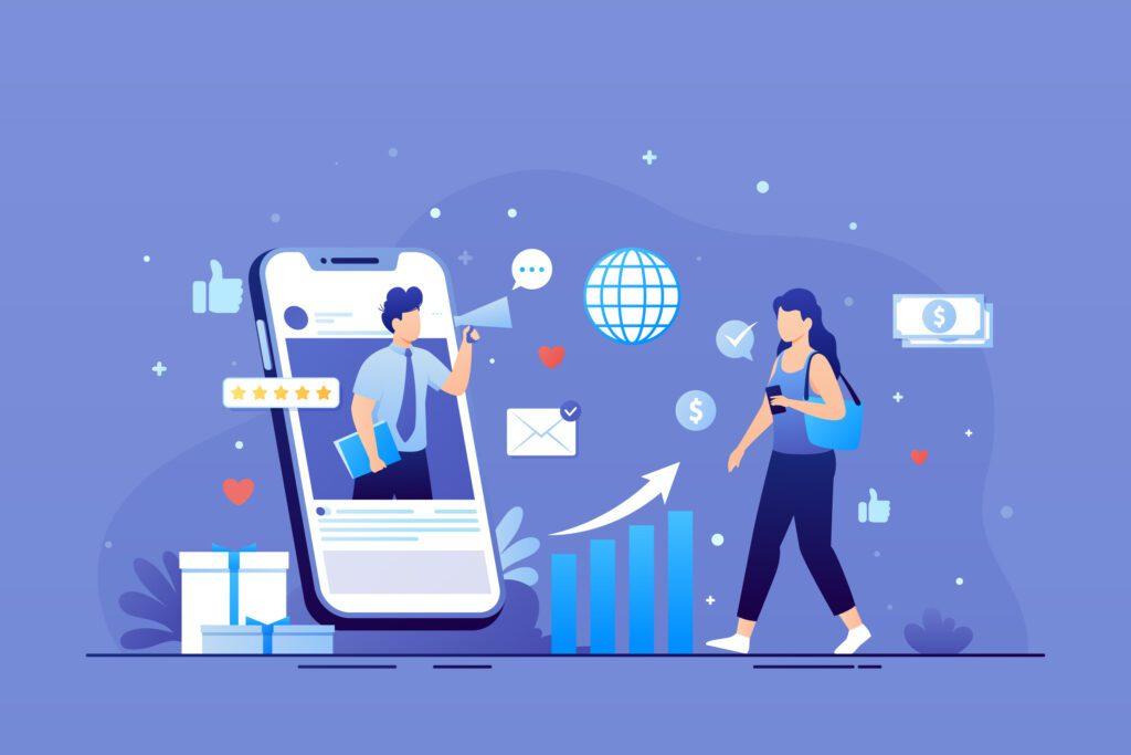 what is ppc? A graphic on a purple background of a phone and two people, resembling ppc through a man talking to his target audience