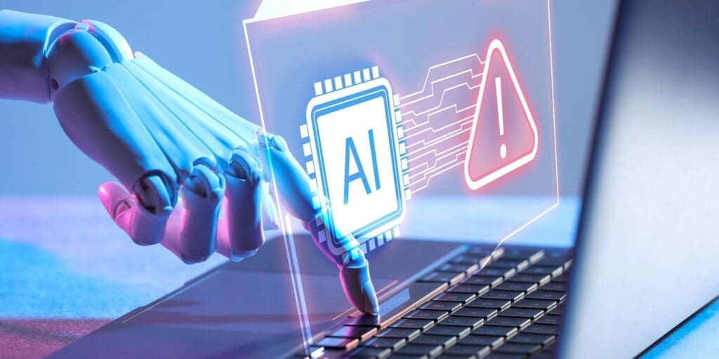 The rise in Zero-click Searches 3 A robotic hand pressing a key on a laptop keyboard, with a glowing holographic AI chip and a warning triangle icon displayed above it, illustrating the disruption AI is bringing to traditional search.