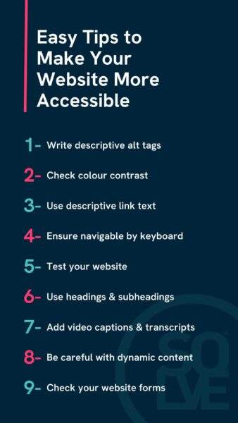 A graphic showing a list of accessible website design tips. A navy background and tips numbered 1 to 9