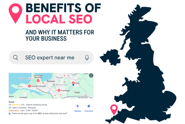 Top Benefits of Local SEO and How They Impact Your Business 1 Benefits of Local SEO and why it matters for your business graphic. Search bar for SEO experts near me.