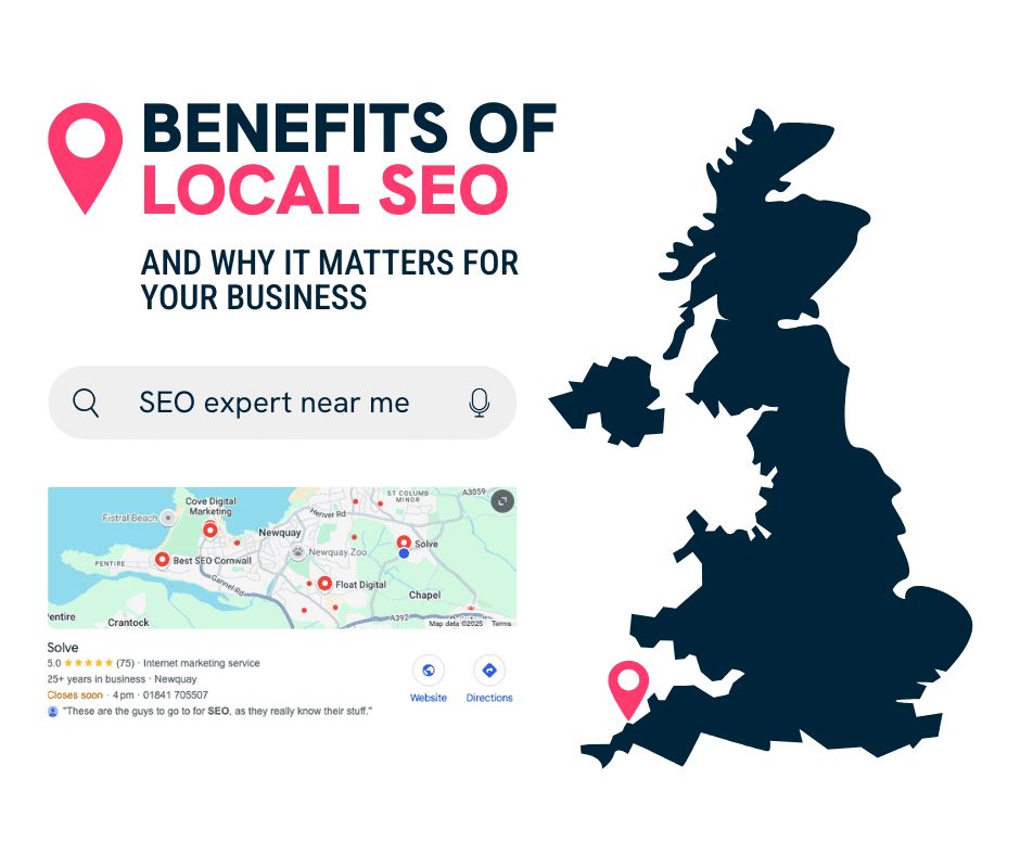 Top Benefits of Local SEO and How They Impact Your Business 1 Benefits of Local SEO and why it matters for your business graphic. Search bar for SEO experts near me.
