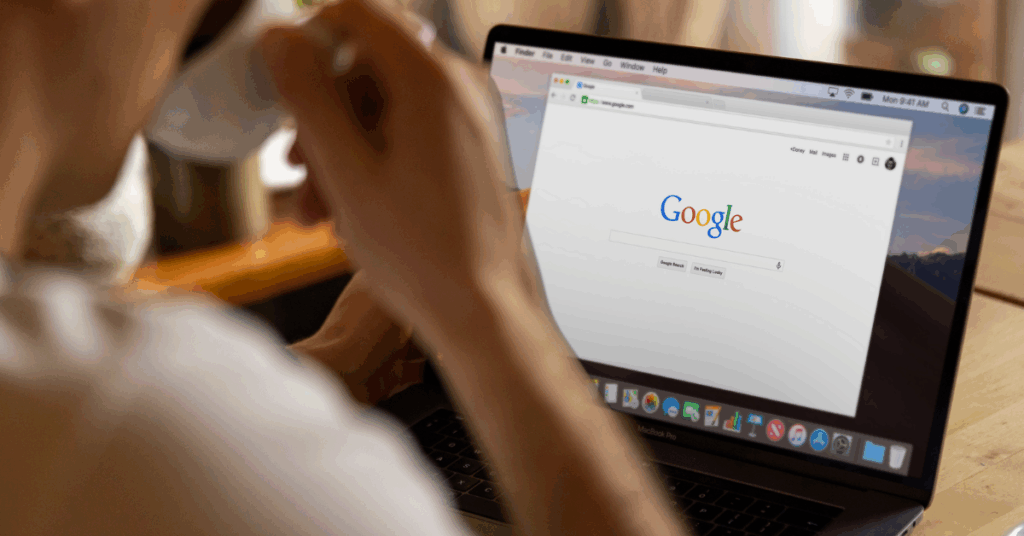 SEO for AI Overviews, someone sipping on a coffee about to search in Google.
