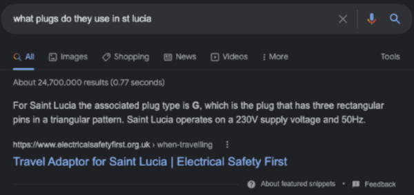 A google search for 'what plugs do they use in st lucia'