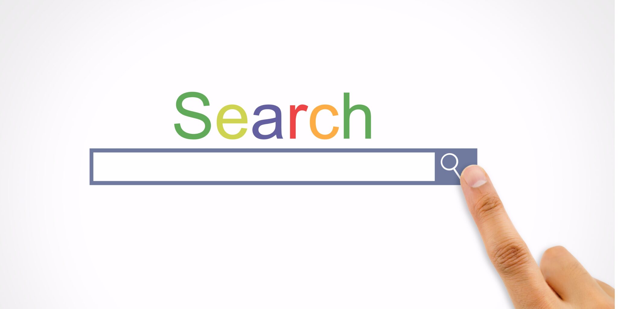 The rise in Zero-click Searches 1 A finger pointing at a colourful search bar with the word "Search" displayed above it in multi-coloured letters, representing a traditional web search experience.