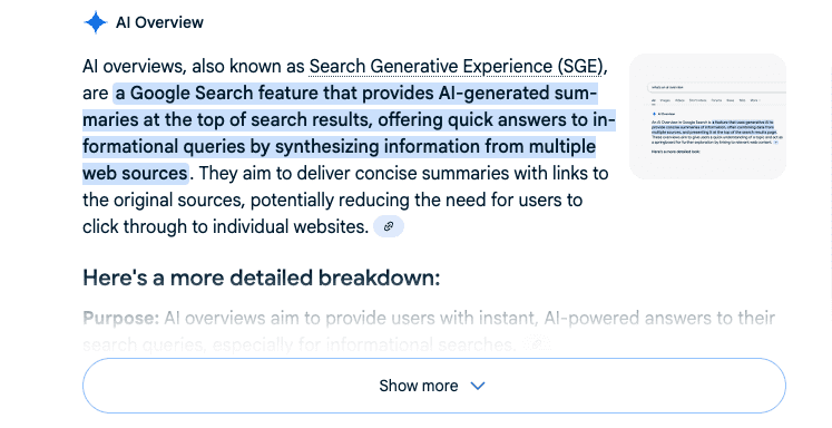 Search query in google reads "what are ai overviews" and an AI overview shows as the answer