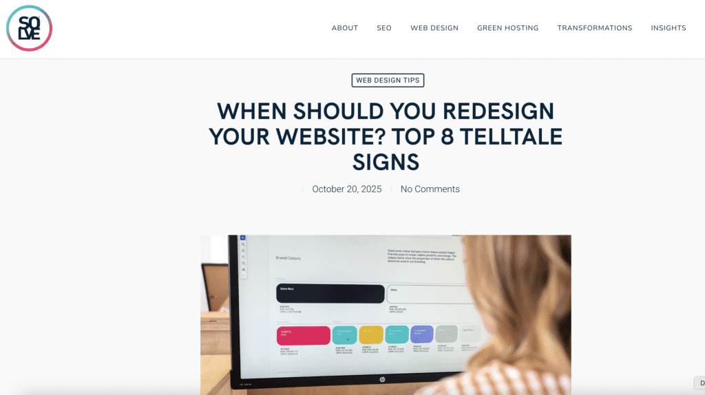 A screenshot from Solve's website showing a blog named "When Should You Redesign Your Website? Top 8 Telltale Signs" as an example of informational intent.