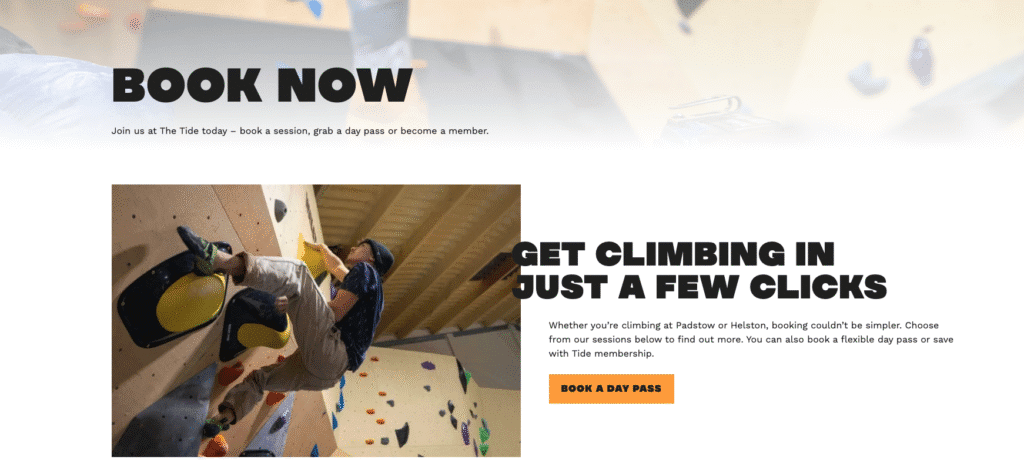 A screenshot from Tide Climbing's website showing a big H1 that says "BOOK NOW", demonstrating a transactional intent