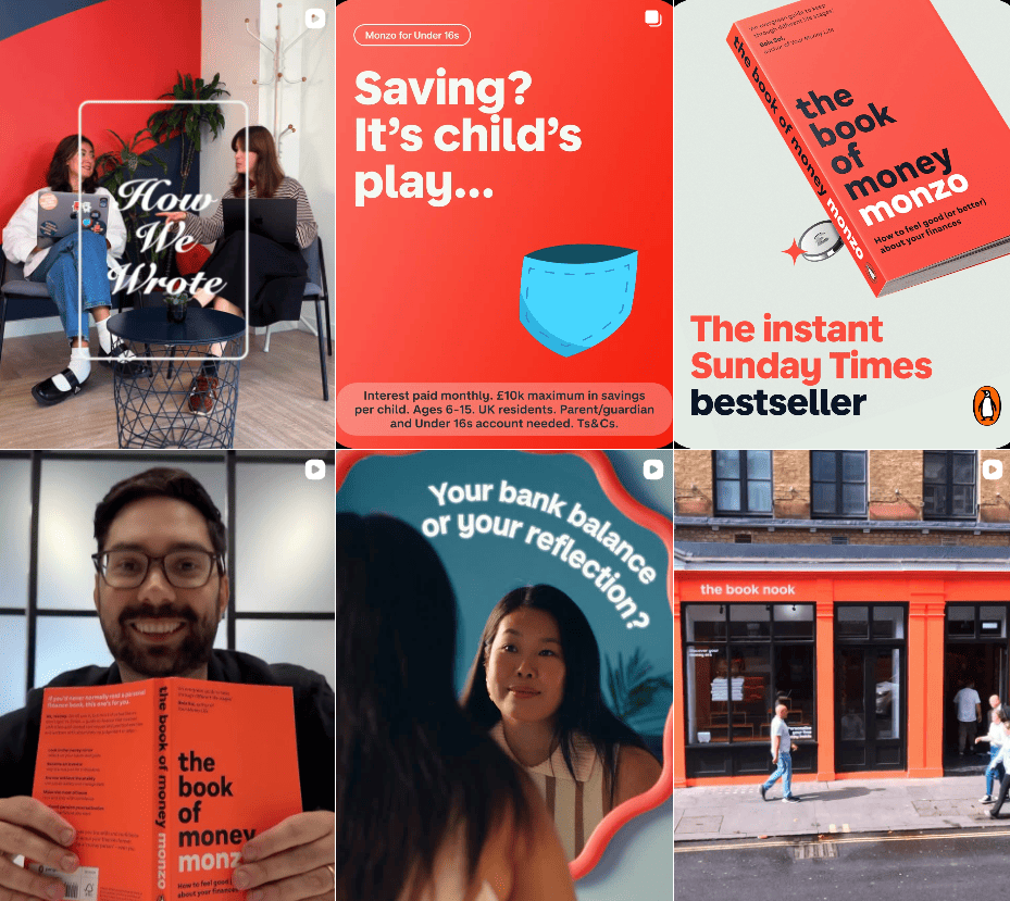 Why Your Social Media Brand Voice Matters More Than You Think 5 A screenshot of Monzo's Instagram grid, showing consistency in brand colours red and blue with bold titles.