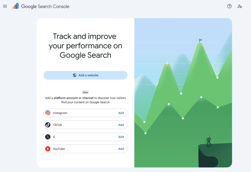 Home 12 Google Search Console update homepage with 'Add a website' button and options to add Instagram, TikTok, X, and YouTube accounts.