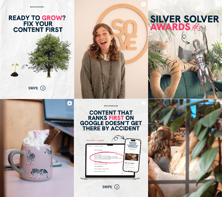 Why Your Social Media Brand Voice Matters More Than You Think 2 A screenshot of Solve Web Media's Instagram feed, showing a mixture of authoritative text-lead posts about content alongside people-first images inside their office.