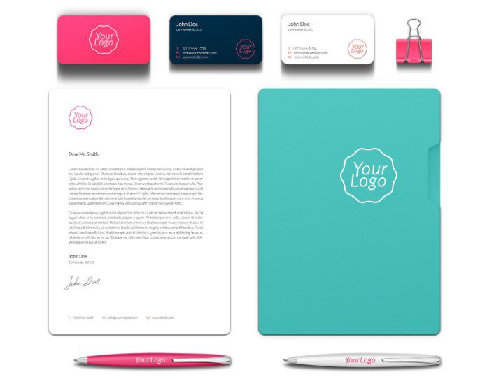 Branding options across business cards, crocodile clips, paper, folders and pens