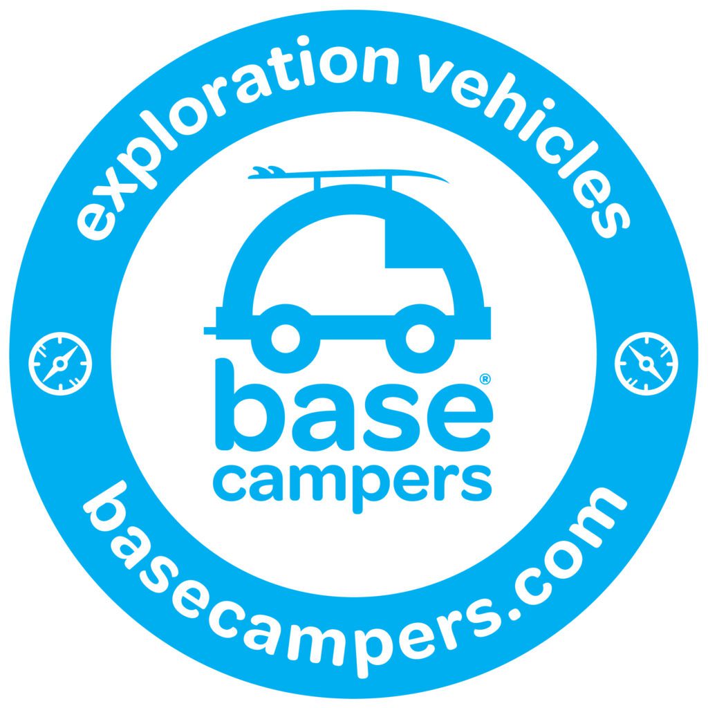 Base campers logo in blue - a blue ring around a blue campervan graphic