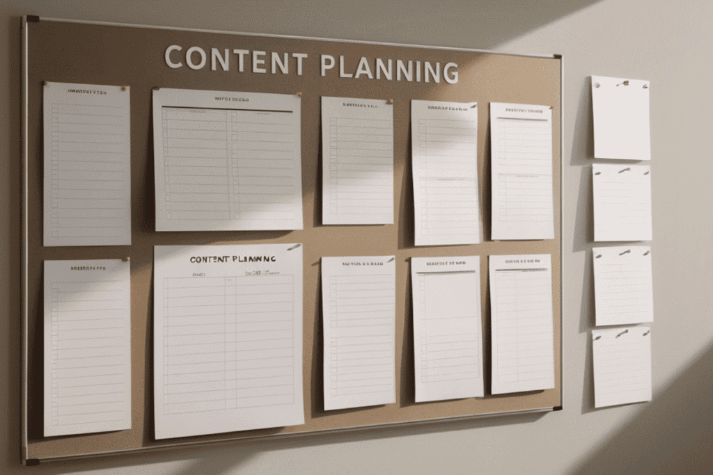 a cork board with content planning papers laid out