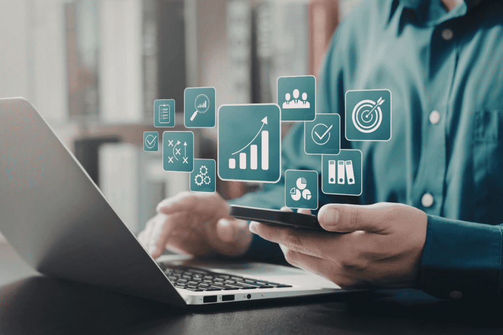 How to Use Content Planning Analytics to Improve Results 4 person looking at mobile and computer with icons covering half image suggesting different tools and strategies