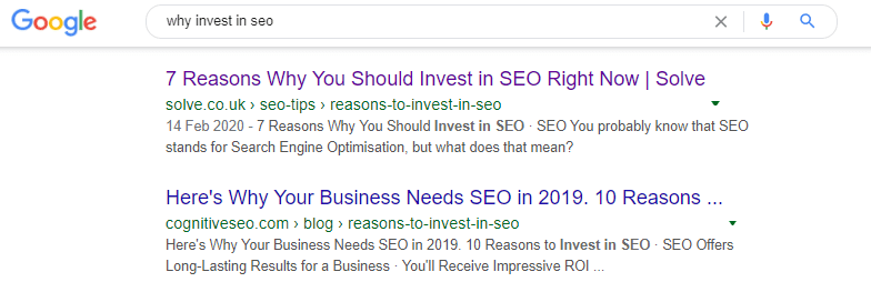 google search displaying results for why invest in seo