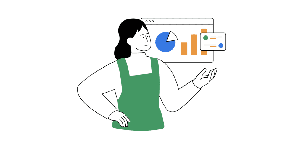 How to Measure SEO Performance in the AI Age: What Your Metrics Are Telling You Now 2 cartoon lady showcasing performance stats on screen relating to performance