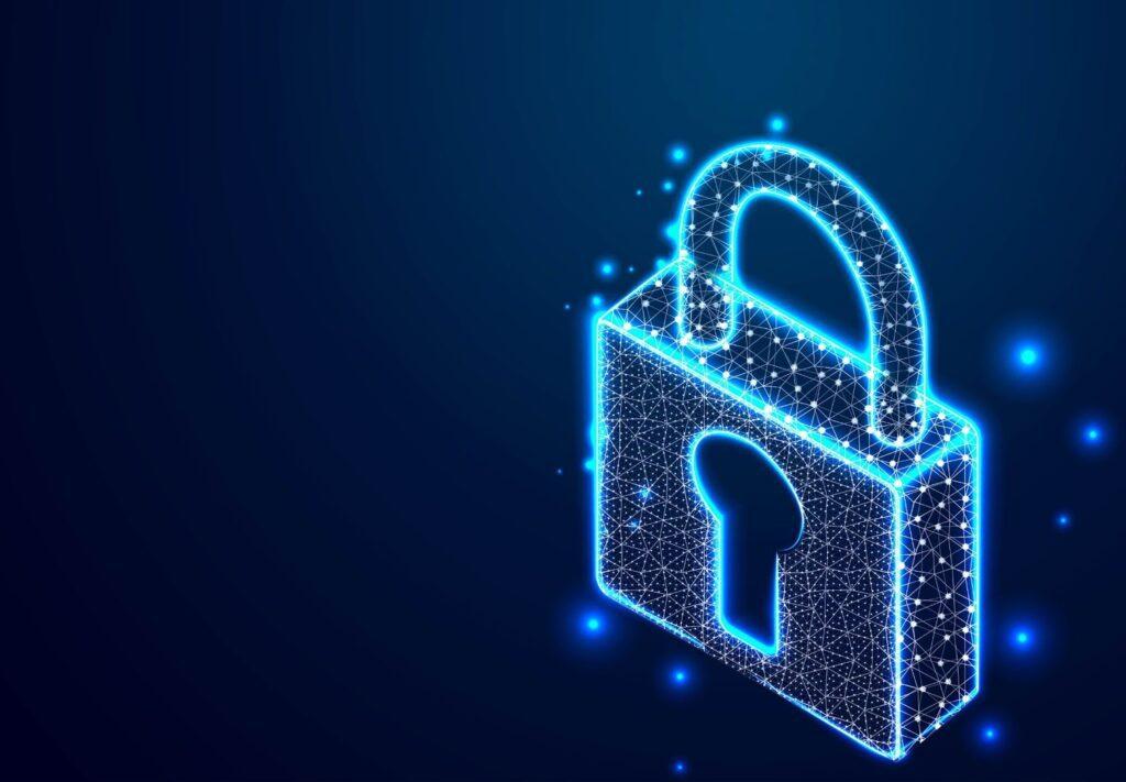 A blue graphic of a padlock in a digital art style.