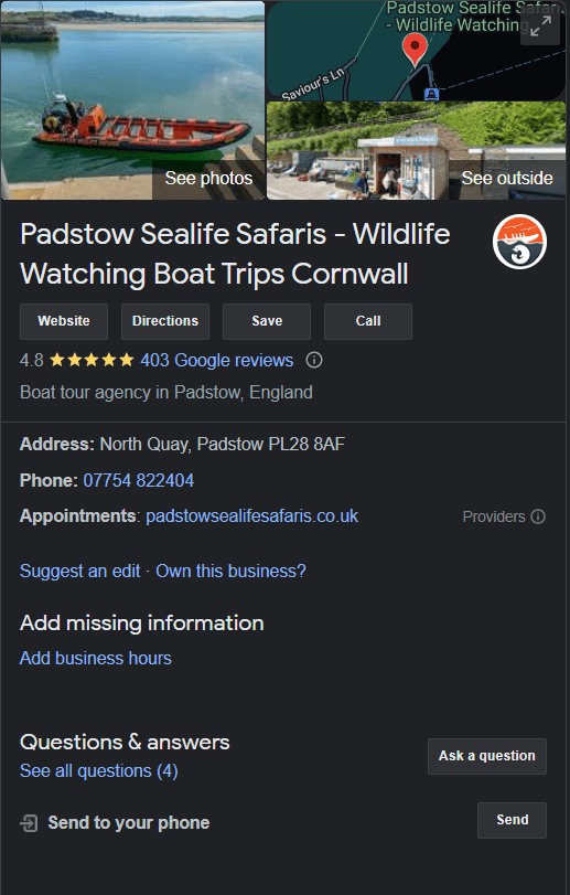 padstow sealife safaris google my business