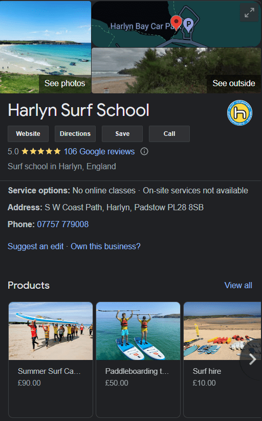 harlyn surf shcool google my business