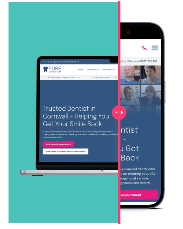 Top Benefits of Sustainable Web Design 7 A slice between a computer and a phone version of Pure Dental's website, showing sustainable web design