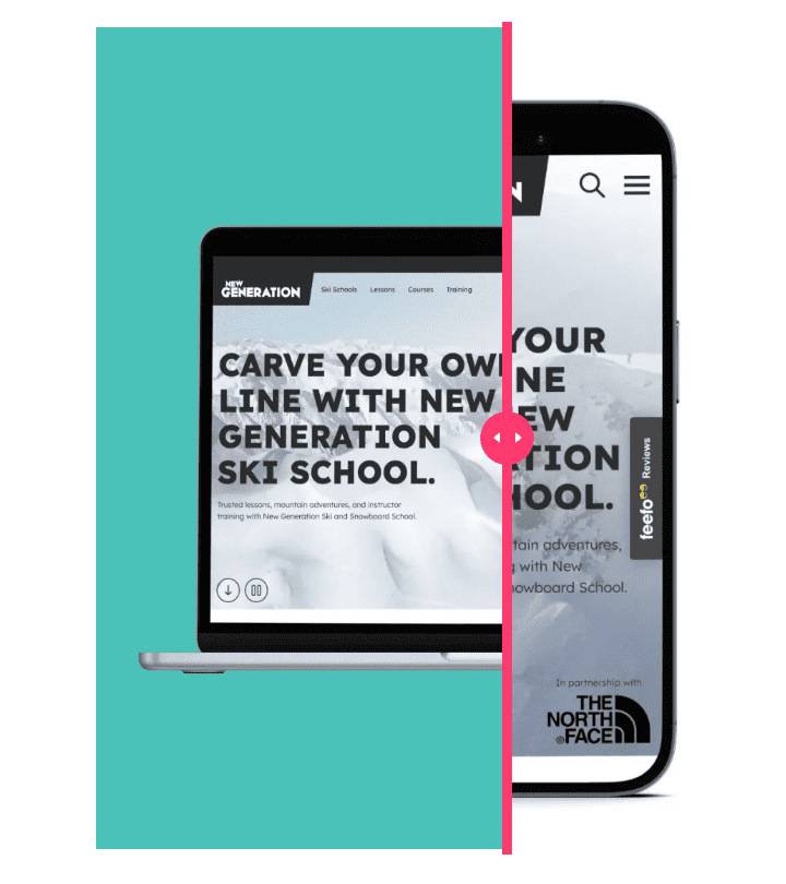 Top Benefits of Sustainable Web Design 5 A slice between a computer and a phone version of Ski New Generation's website, showing sustainable web design