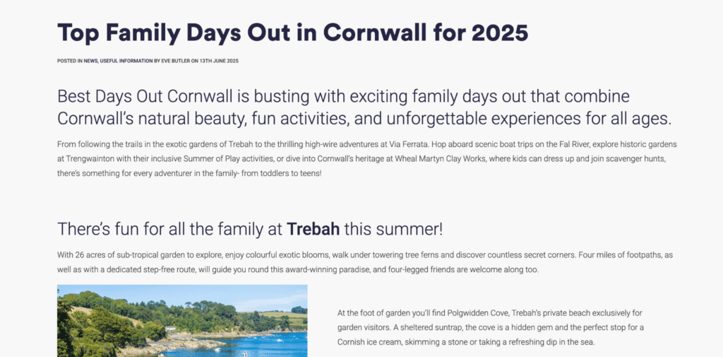 A screenshot showing Best Days Out Cornwall blog about Top Family Days Out in Cornwall, demonstrating commercial intent