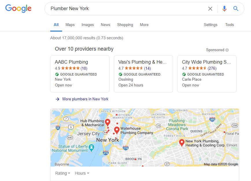 Google screenshot of search plumber new york