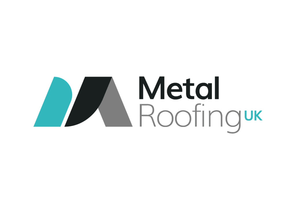 Metal roofing logo with aspects of dark grey and blue