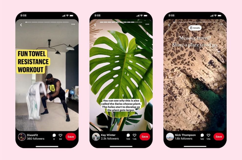 three mobile screens displaying Pinterest story pins