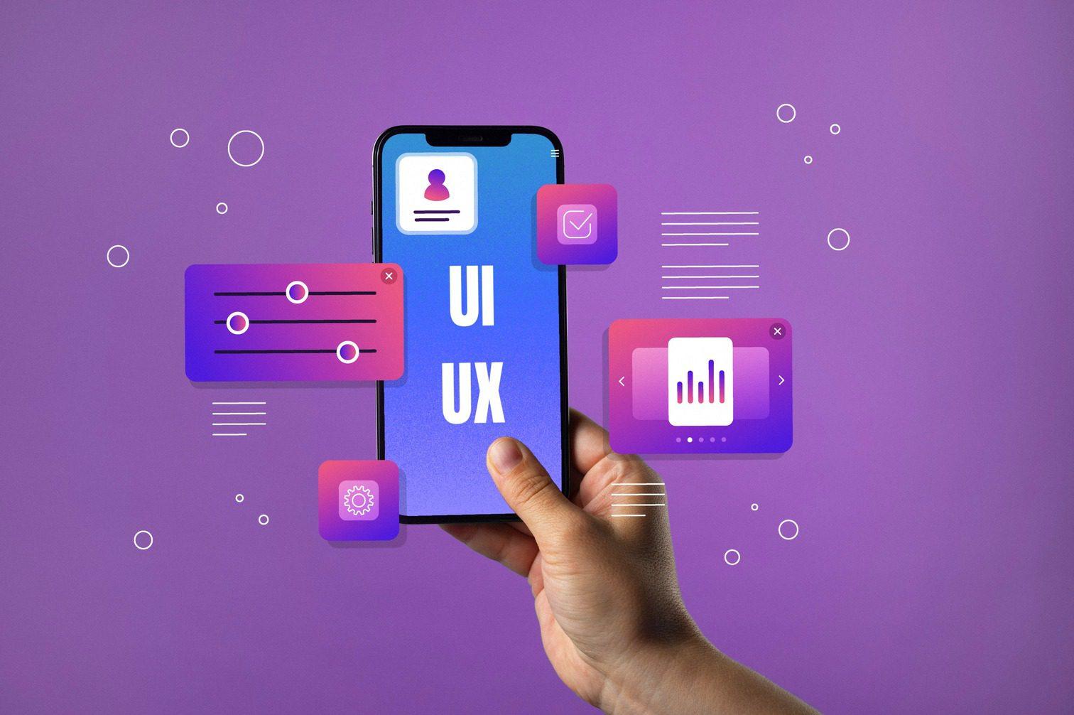 A hand holds a phone with the words "UX UI" on the screen against a purple background. Phone icons float around the phone.